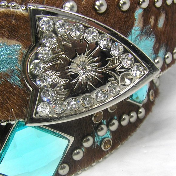ANGEL RANCH CALF HAIR LEATHER BELT SIZE XL STUDS FAUX GEMS - Picture 7 of 16